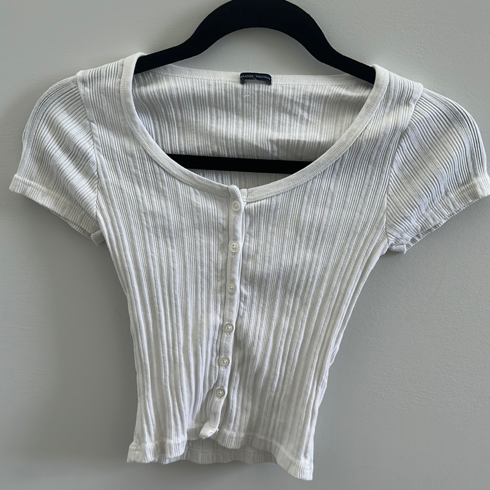Brandy Melville White Ribbed Button-Up Top